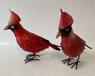 h Two Red Cardinal Metal Bird Sculptures