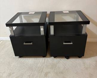 f Two Black Nightstands with Glass Tops