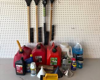 g Automotive and Maintenance Assortment Lot with Fuel Containers, Brushes, and Fluids