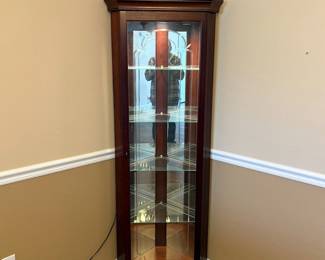 f Elegant Corner Display Case with Glass Shelves and Wood Frame