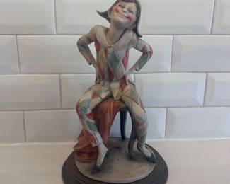 zz Giuseppe Armani Style Harlequin Clown Figurine on Wooden Base