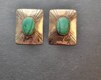 zz Vintage SilverTone Rectangular Stud Earrings With Green Inserts