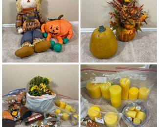 h Autumn Harvest Home Decor with Scarecrow, Pumpkin Floral Arrangement, and Yellow Candles