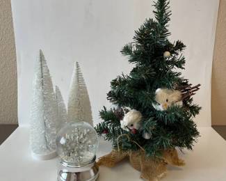 h Holiday Decor Set Featuring Mini Evergreen Tree, Frosted Bottle Brush Trees, and Silver Snowflake Snow Globe