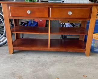 zz Cherry Finish Console Table with Drawers  Shelving