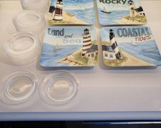 k Coastal LighthouseThemed Square Plates with 20 Small Glass MiniPlates or Coasters