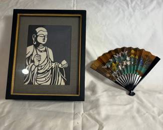 a Katsuyuki Nishijima Woodblock Print with Japanese Floral Design Fan