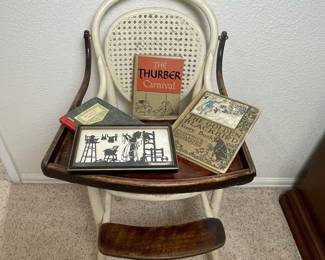 a Antique Childs ThonetStyle High Chair with Vintage Books  Silhouette Art Lot