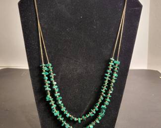 zz Double Strand 925 Sterling Silver GoldTone Green Stone Chip Necklace Possibly Malachite