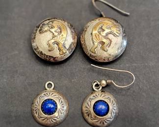 zz wo Pairs Vintage Sterling Silver Earrings Kokopelli and Lapis Lazuli Inlays
