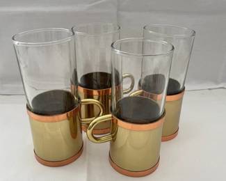 k Baudler Copper, Brass  Glass Irish Turkish Coffee Mug Set  4 Pieces
