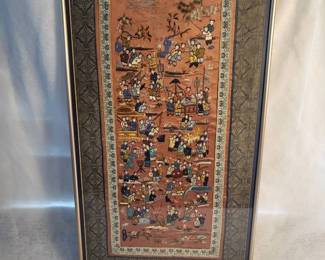 a Framed Tapestry with Detailed Traditional Asian Village Scene