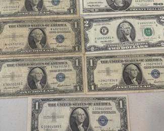 Five 1USD Silver Certificates One 2USD One 20USD Bill