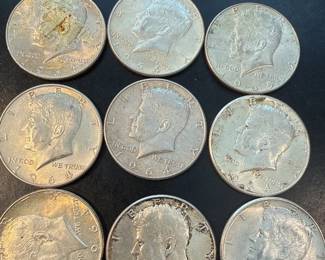 Nine 1964 Kennedy Half Dollars