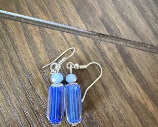 Blue Glass and Sterling Silver Dangle Earrings