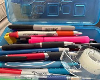 Assorted Pens and Markers in Blue Plastic Case
