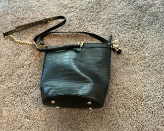 Black Embossed Faux Leather Bucket Bag with Gold Chain Strap