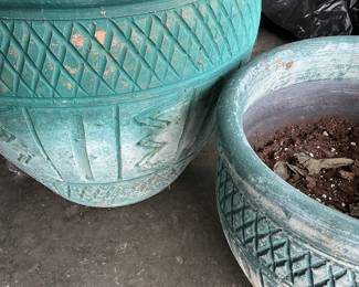 Large Teal Glazed Terracotta Planters with Geometric Pattern
