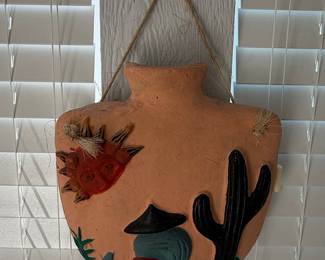 Vintage Terracotta Wall Plaque with Desert Scene and Sun Face