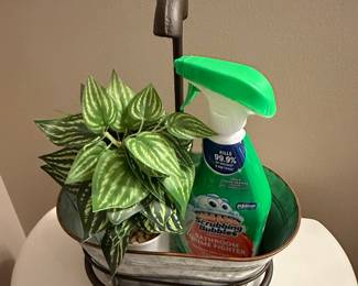 Decorative Galvanized Metal Bucket with Faux Plant and Scrubbing Bubbles Spray