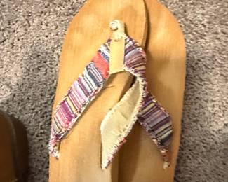Wooden Platform Flip-Flops with Striped Fabric Straps