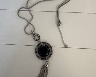 Assorted Fashion Necklaces: Ornate Filigree Pendant, Faux Pearl Statement, and Black Cabochon Fringe
