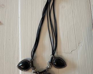Black Teardrop Pendant Necklace with Silver-Tone Beading on Black Cord