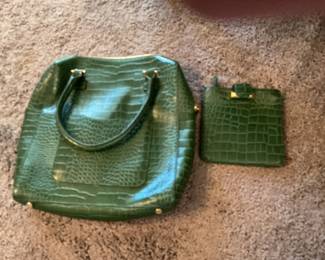 Brahmin Green Croc Embossed Leather Handbag and Wallet Set