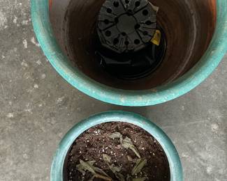 Large Teal Glazed Terracotta Planters with Geometric Pattern