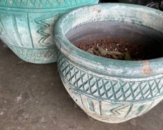 Large Teal Glazed Terracotta Planters with Geometric Pattern