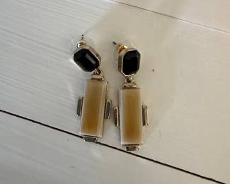 Geometric Drop Earrings with Black Onyx and Cream Rectangular Cabochons