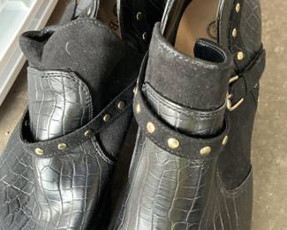 Black Faux Crocodile Ankle Boots with Gold Studs and Buckle Detail