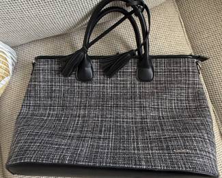 Tweed and Leather Tote Bag with Tassel Accents