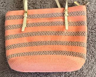Straw Woven Tote Bag with Striped Pattern and Faux Leather Straps