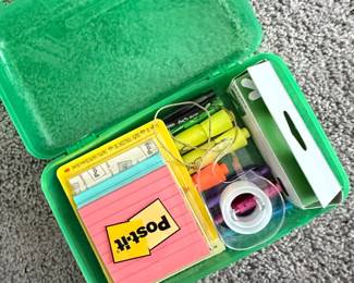 Assorted Stationery Set in Green Plastic Case with Post-it Notes and Highlighters