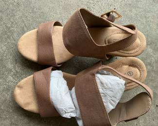 Women's Taupe Suede Wedge Sandals with Textured Strap and Gold Buckle