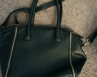 Black Pebbled Leather Satchel Handbag with Leopard Print Lining