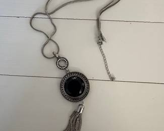 Silver-Tone Tassel Pendant Necklace with Black Cabochon and Clear Accent Stones