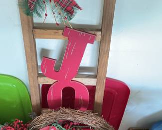 Rustic Wooden Ladder with "JOY" Letters and Wreath