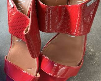 Calvin Klein Red Patent Leather Embossed Ankle Strap Heels