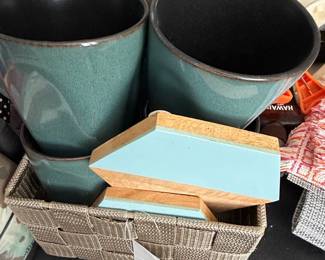 Teal Ceramic Mugs with Wooden Coasters