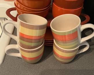 Striped Ceramic Mugs and Orange Bowls Set