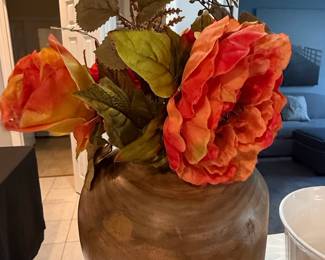 Artificial Peony Floral Arrangement in Carved Wooden Vase