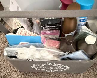 Assorted Health and Beauty Products in Fabric Bin