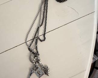 Silver-Tone Charm Necklace with Key, Lock, and Heart Pendants