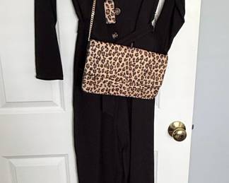 Black Blazer Jumpsuit with Leopard Print Clutch and Black Ankle Boots