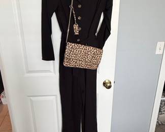 Black Jumpsuit with Leopard Print Clutch and Ankle Boots