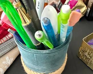 Assorted Pens and Pencils in Teal Jute-Wrapped Holder