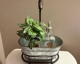 Galvanized Metal Farmhouse Toilet Tank Organizer Tray with Faux Plant and Faucet Accent