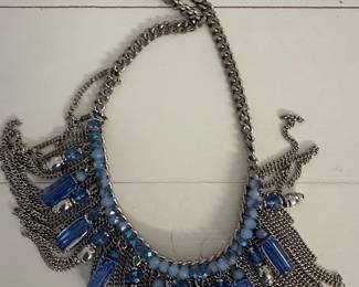 Statement Necklace with Blue Glass Beads and Silver-Tone Chains